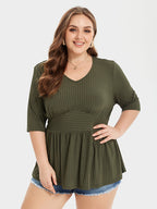 VIP V-Neck Ribbed Knit Peplum Blouse