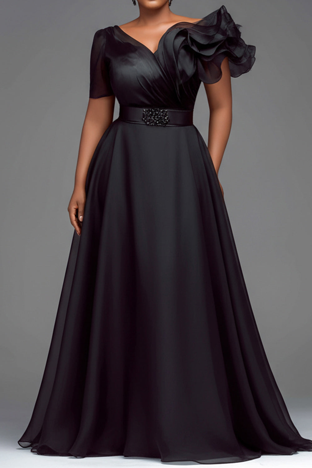 Xpluswear Design Plus Size Formal Organza Black V Neck Short Sleeve Ruffle Chiffon Maxi Dresses