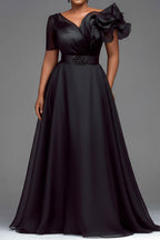 Xpluswear Design Plus Size Formal Organza Black V Neck Short Sleeve Ruffle Chiffon Maxi Dresses