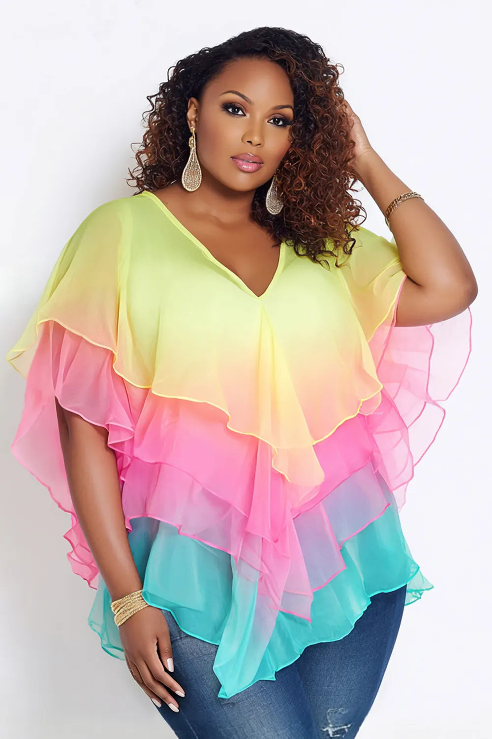 Xpluswear Design Plus Size Vacation Rainbow Colorblock V Neck Short Sleeve Ruffle Tiered Chiffon Blouses