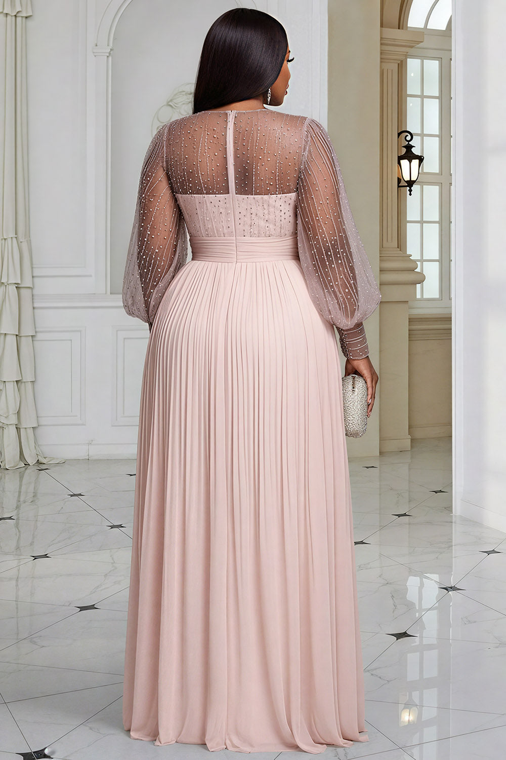 Xpluswear Design Plus Size Formal Champagne Round Neck Long Sleeve Split Elegant See Through Sequin Chiffon Maxi Dresses