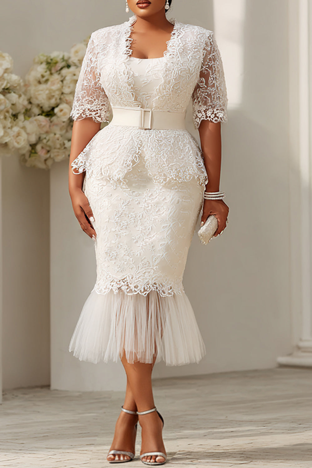 Xpluswear Design Plus Size Formal White Short Sleeve Mermaid See Through Lace Two Piece Dress Set
