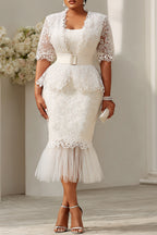 Xpluswear Design Plus Size Formal White Short Sleeve Mermaid See Through Lace Two Piece Dress Set
