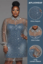 Xpluswear Design Plus Size Party Blue Shirt Collar Long Sleeve See Through Sequin Mini Dresses