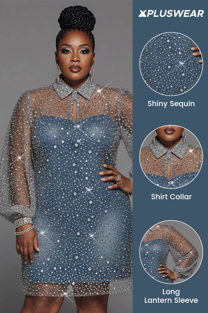 Xpluswear Design Plus Size Party Blue Shirt Collar Long Sleeve See Through Sequin Mini Dresses