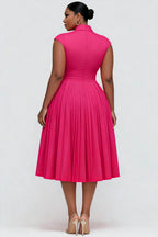 Xpluswear Design Plus Size Cocktail Party Hot Pink Stand-Up Collar Cap Sleeve Pocket Fold Midi Dresses