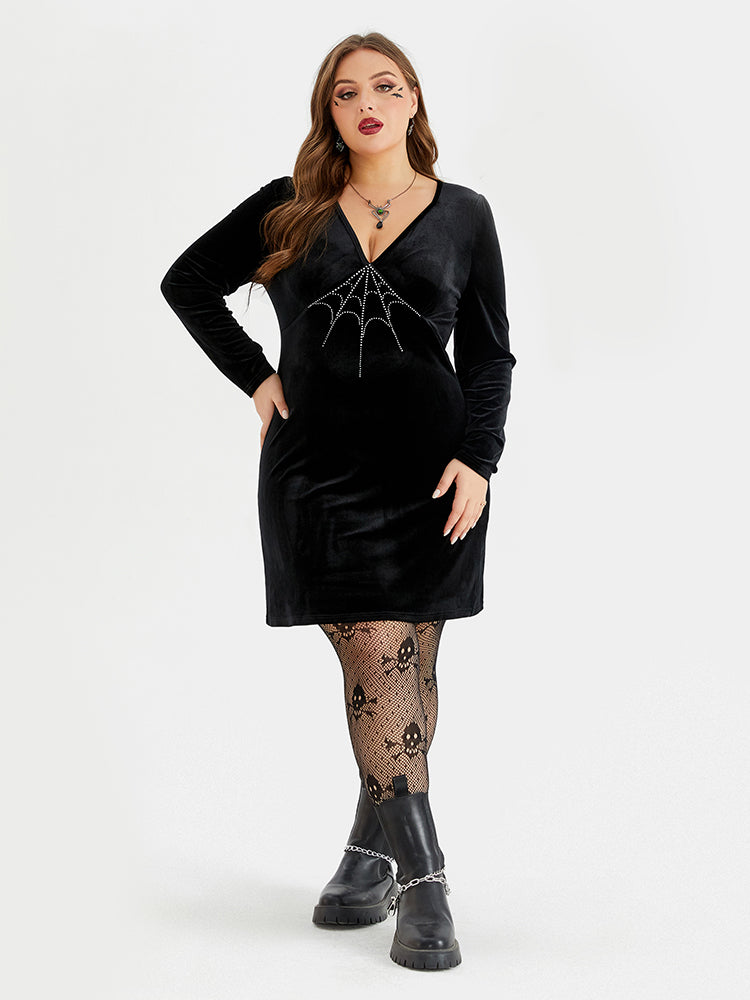 VIP Halloween Spider Web Rhinestone Velvet Bodycon Dress