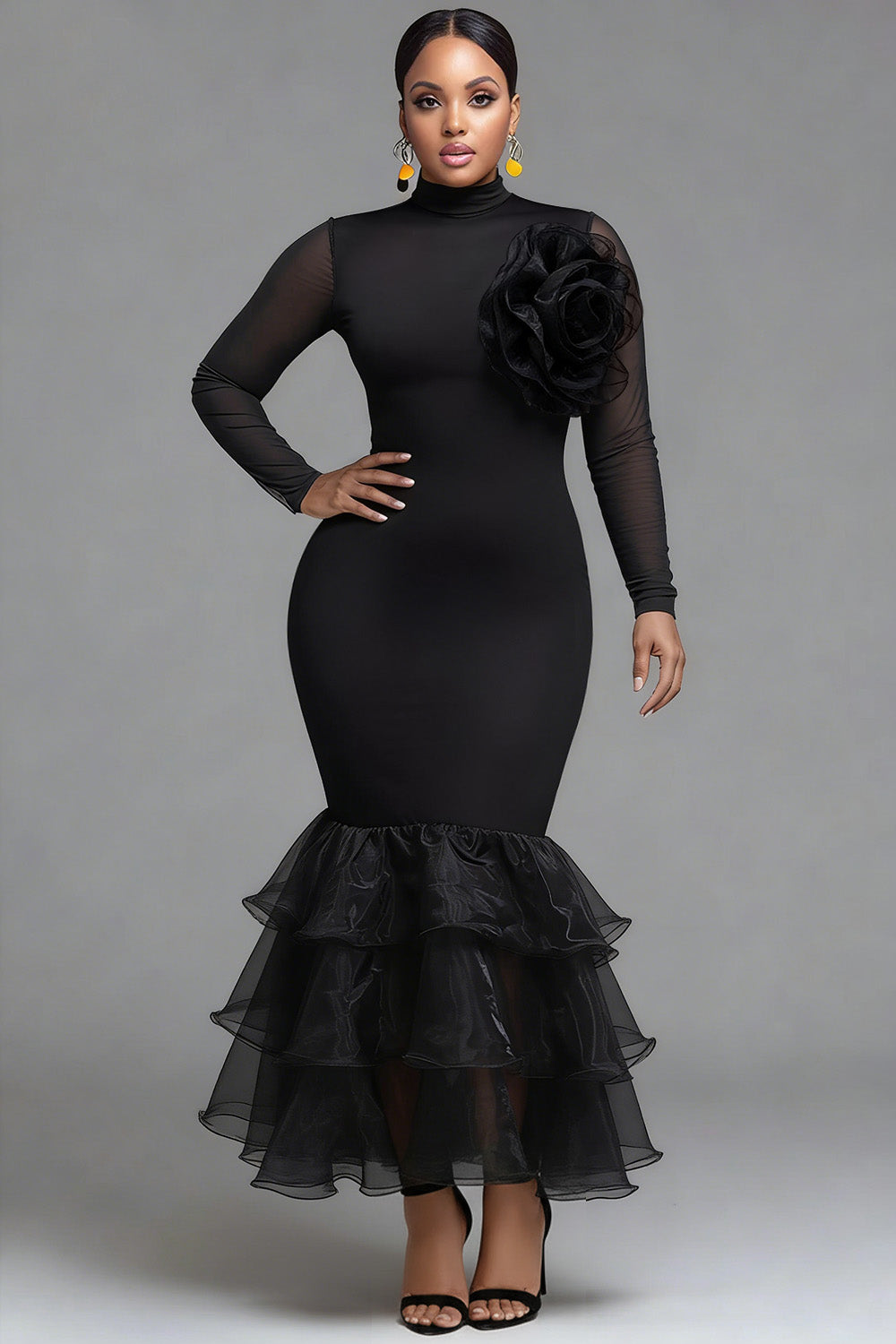 Xpluswear Design Plus Size Formal Black Mock Neck Long Sleeve Bodycon Elegant 3D Knitted Maxi Dresses