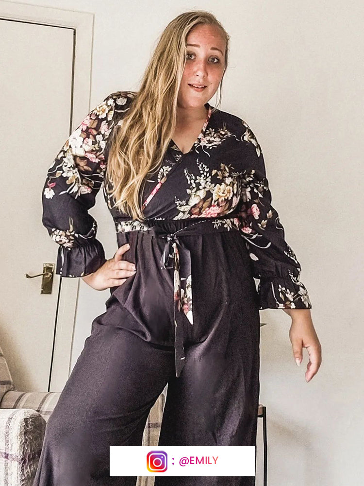 VIP Plus Floral Patchwork Wrap Belted Pocket Jumpsuit