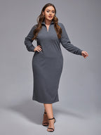 Plus Grey Band Collar Zipper Split Midi Knit Dress
