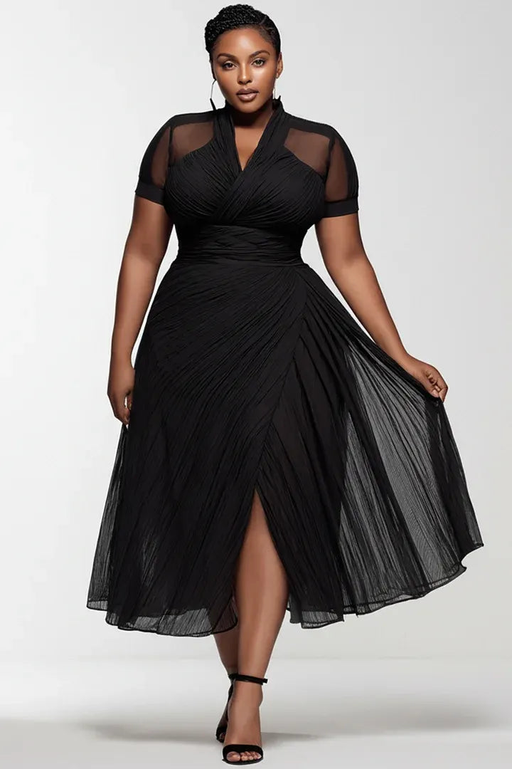 Xpluswear Design Plus Size Party Black V Neck Short Sleeve See Through Pleated Chiffon Midi Dresses