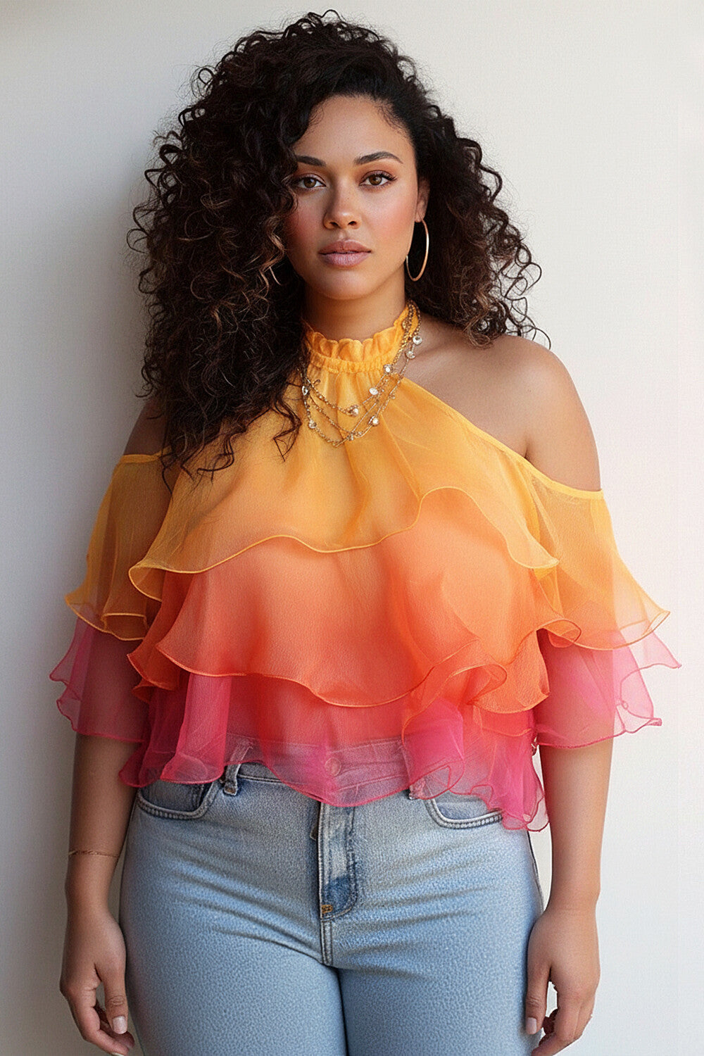 Xpluswear Design Plus Size Vacation Multicolor Gradient Halter Collar Cold Shoulder Short Sleeve Ruffle Tiered Organza Tops