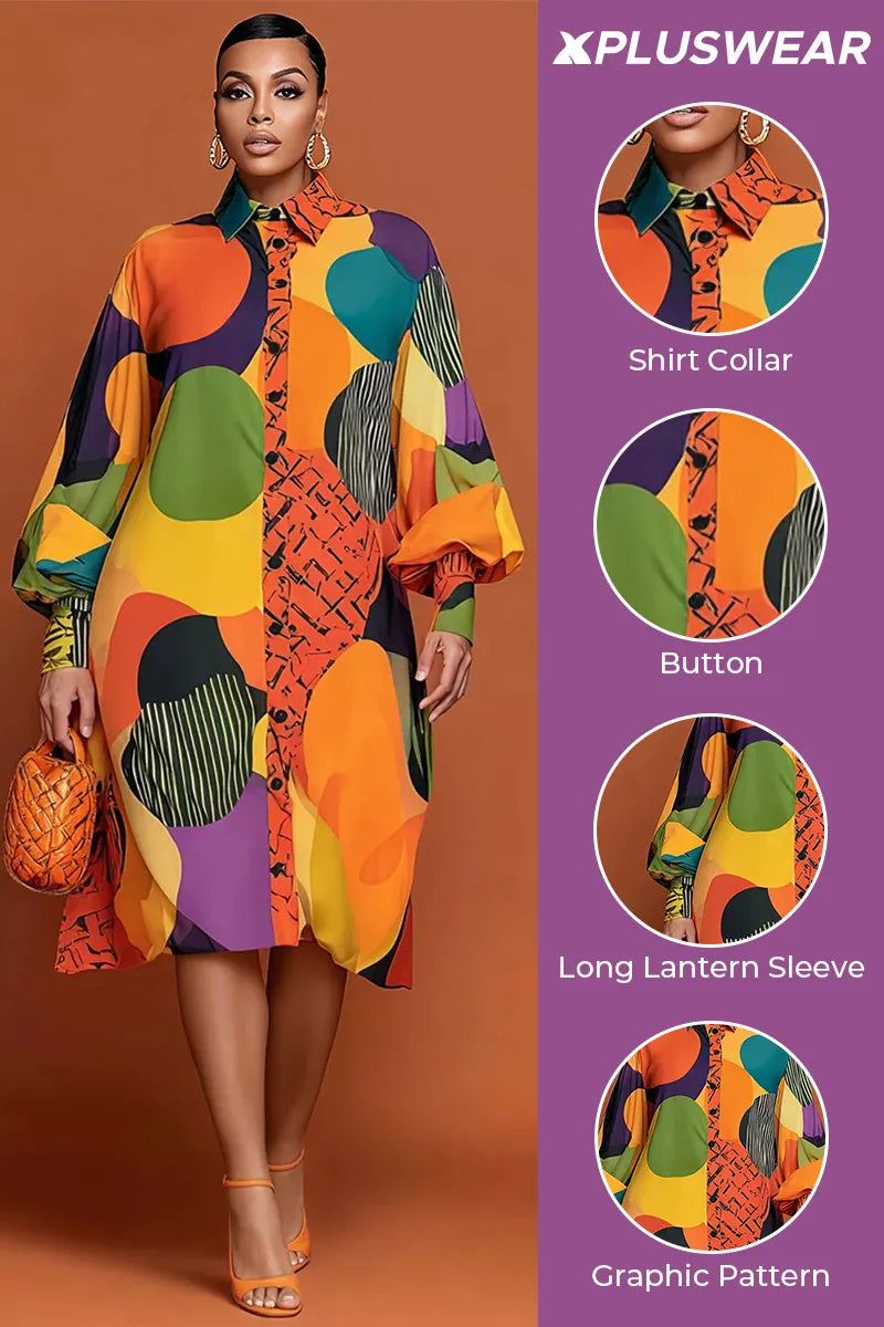 Xpluswear Design Plus Size Daily Multicolor Graphic Shirt Collar Lantern Sleeve Long Sleeve Button Pocket Midi Dresses