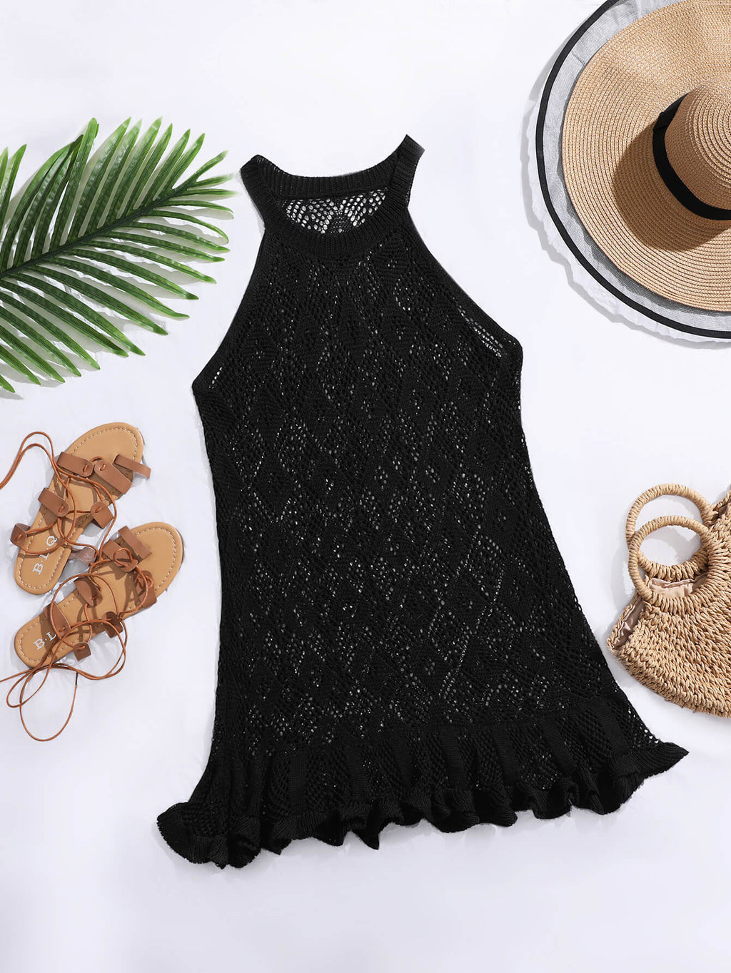 Plus Black Flutter Hem Halter Cover Up Dress