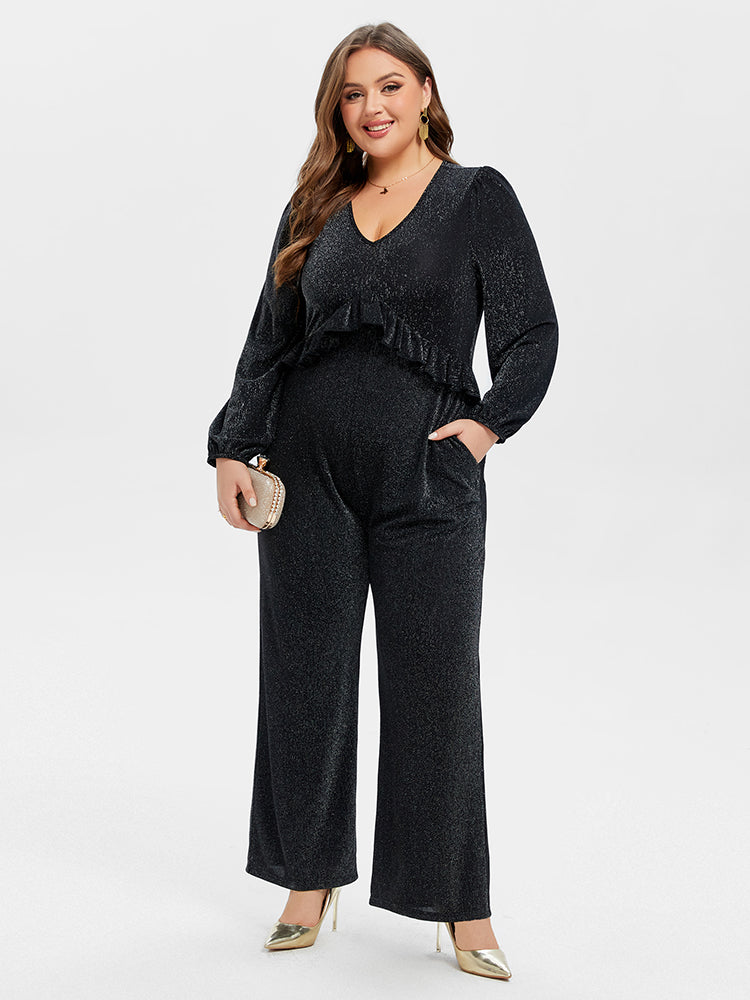 VIP V-Neck Pocket Ruffle Glitter Jumpsuit