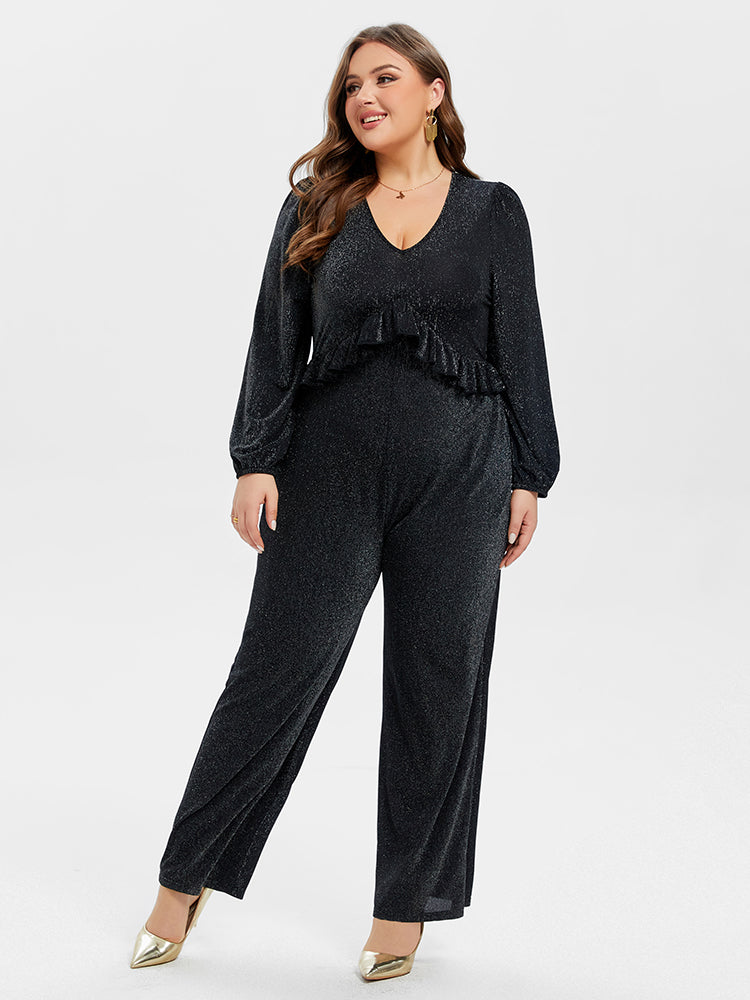 VIP V-Neck Pocket Ruffle Glitter Jumpsuit