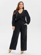 VIP V-Neck Pocket Ruffle Glitter Jumpsuit