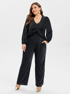 VIP V-Neck Pocket Ruffle Glitter Jumpsuit