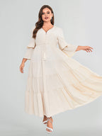 V-Neck Drawstring Ruffle Trim Elastic Waist Dress