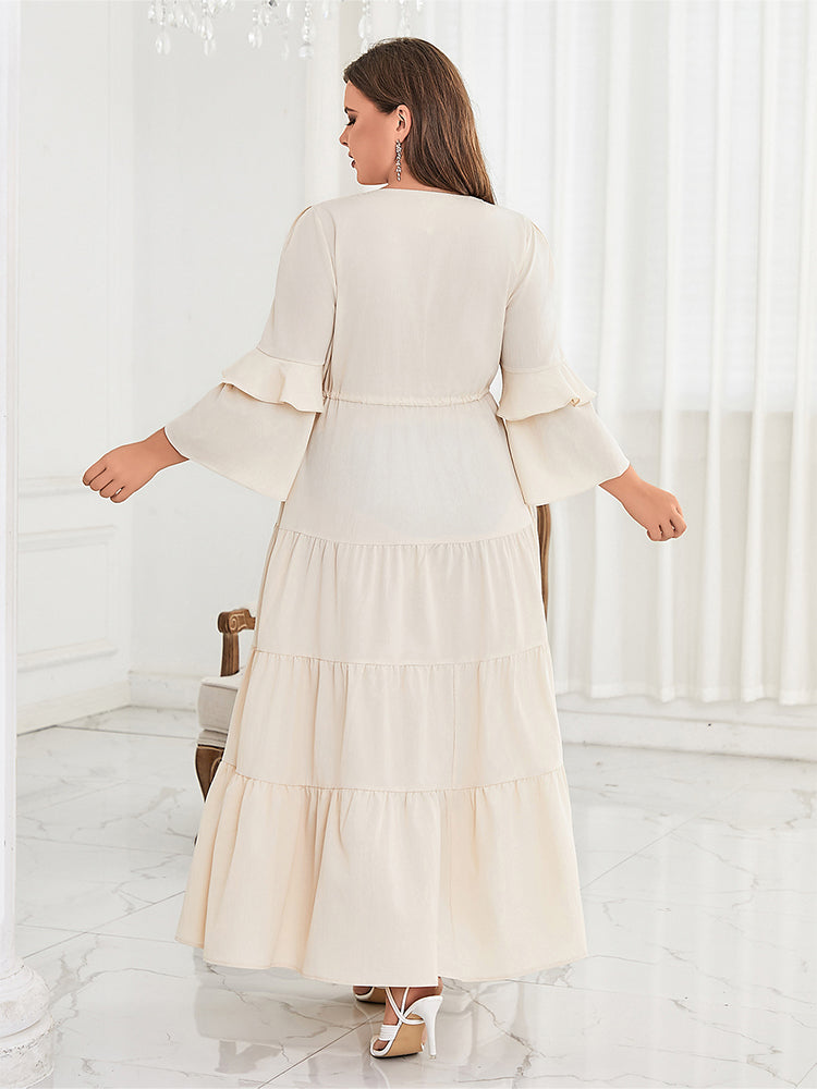 V-Neck Drawstring Ruffle Trim Elastic Waist Dress
