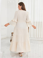 V-Neck Drawstring Ruffle Trim Elastic Waist Dress