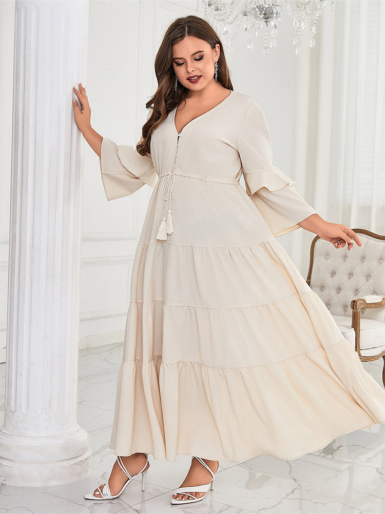 V-Neck Drawstring Ruffle Trim Elastic Waist Dress