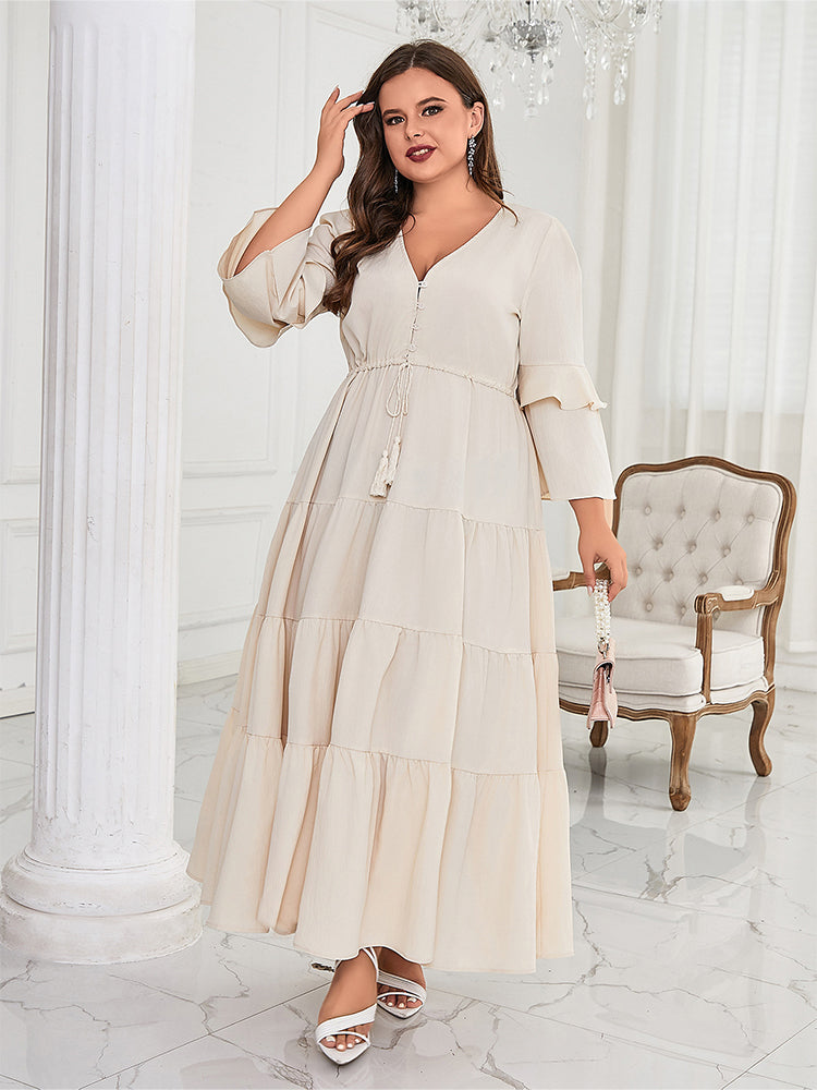 V-Neck Drawstring Ruffle Trim Elastic Waist Dress
