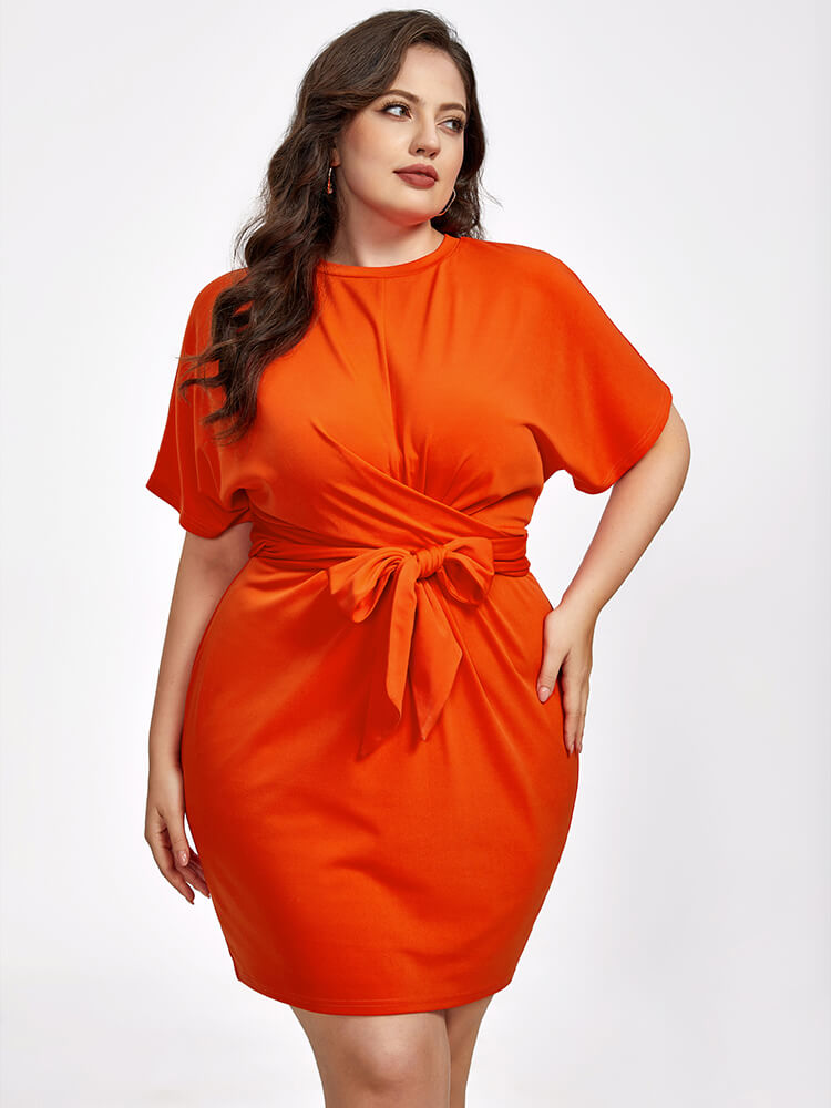Plus Orange Round Neck Tie Front Dress