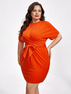 Plus Orange Round Neck Tie Front Dress