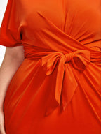 Plus Orange Round Neck Tie Front Dress