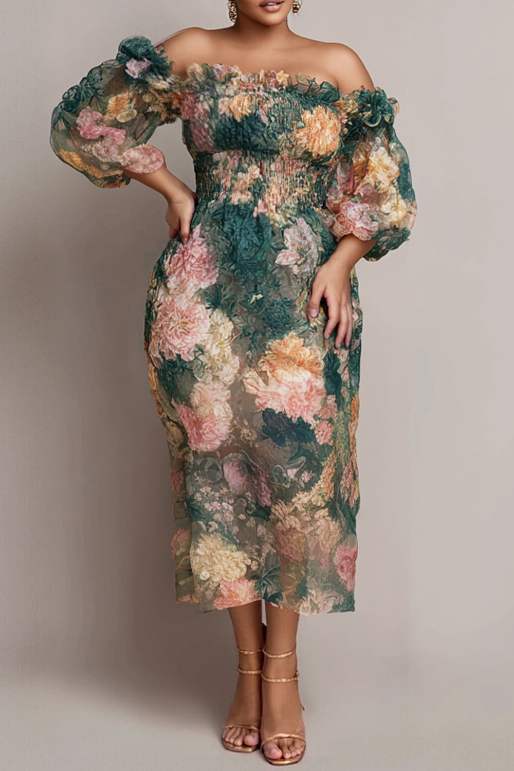 Xpluswear Design Plus Size Wedding Guest Green Floral Off The Shoulder Short Sleeve Smocking Chiffon Midi Dresses