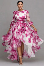 Xpluswear Design Plus Size Wedding Guest Purple Floral Round Neck 3/4 Sleeve Asymmetric Hem Irregular Hem See Through Organza Midi Dresses