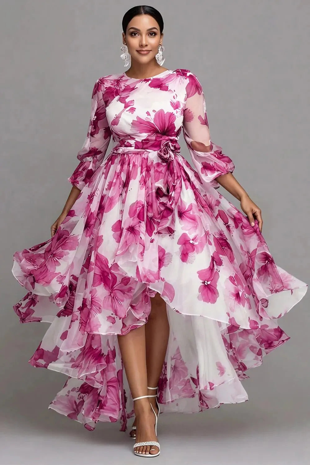 Xpluswear Design Plus Size Wedding Guest Purple Floral Round Neck 3/4 Sleeve Asymmetric Hem Irregular Hem See Through Organza Midi Dresses