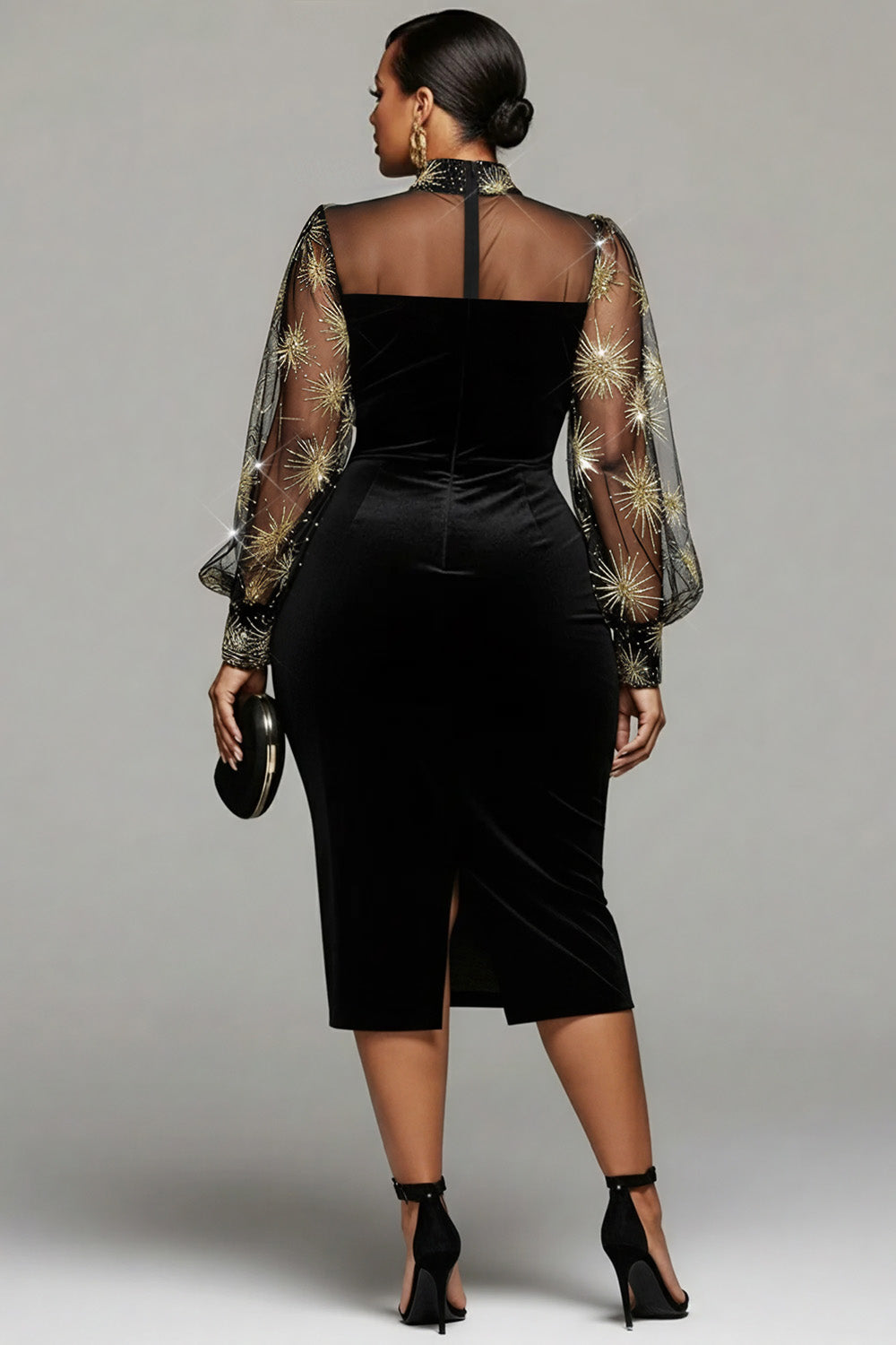 Xpluswear Design Plus Size Cocktail Party Black Mock Neck Lantern Sleeve Long Sleeve See Through Elegant Bodycon Velvet Midi Dresses