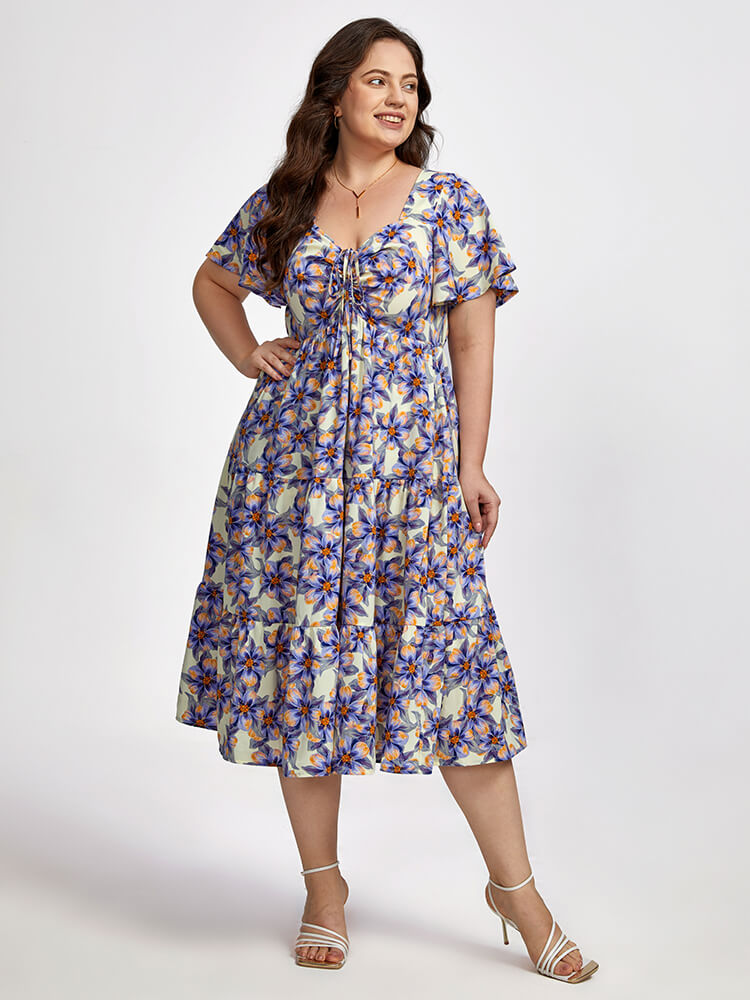 Drawstring Floral Print  Pocket Tiered Dress