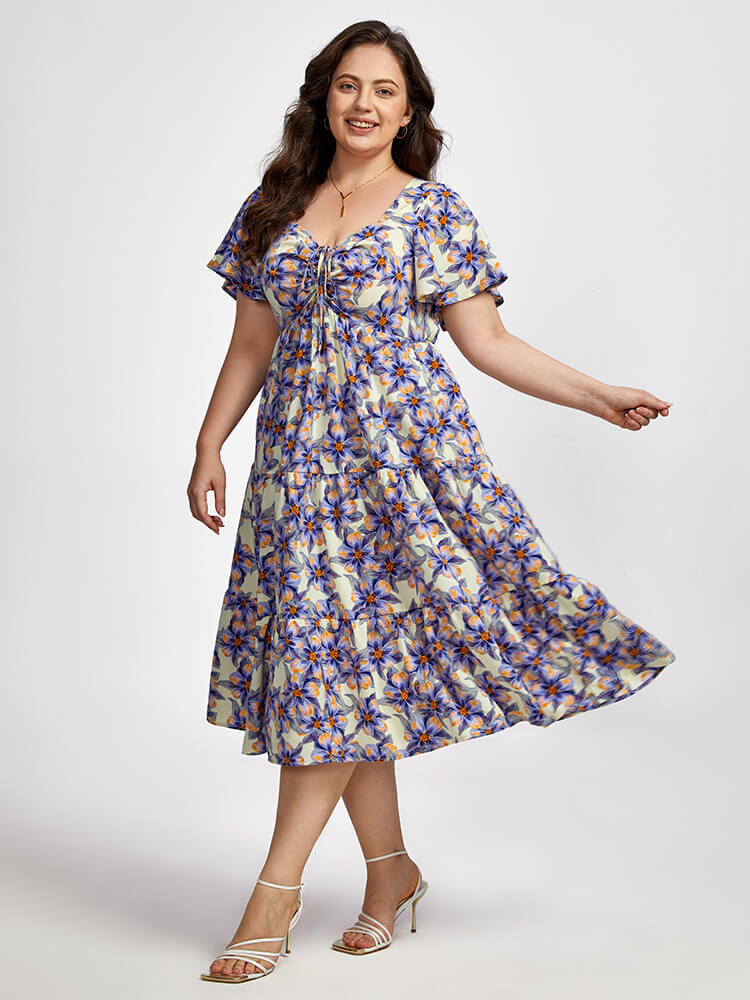 Drawstring Floral Print  Pocket Tiered Dress