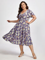 Drawstring Floral Print  Pocket Tiered Dress