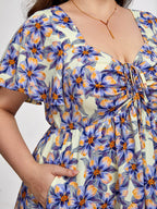 Drawstring Floral Print  Pocket Tiered Dress