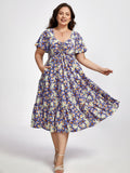 Drawstring Floral Print  Pocket Tiered Dress