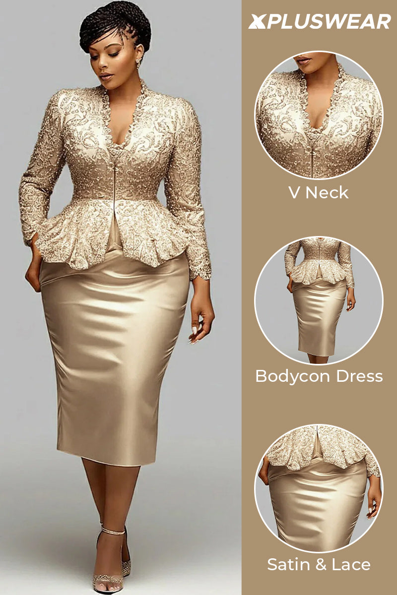 Xpluswear Design Plus Size Cocktail Party Lace Champagne V Neck Long Sleeve Ruffle Bodycon Satin Two Piece Skirt Sets