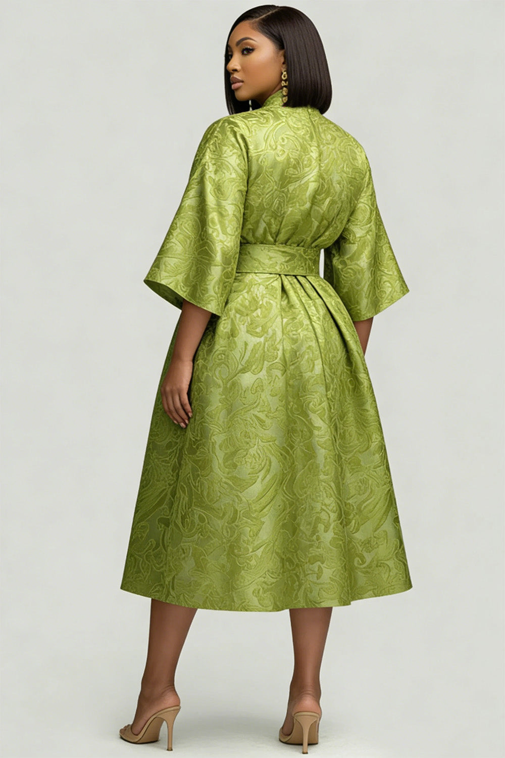Xpluswear Design Plus Size Wedding Guest Green Round Neck 3/4 Sleeve Pocket Midi Dresses
