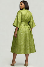 Xpluswear Design Plus Size Wedding Guest Green Round Neck 3/4 Sleeve Pocket Midi Dresses