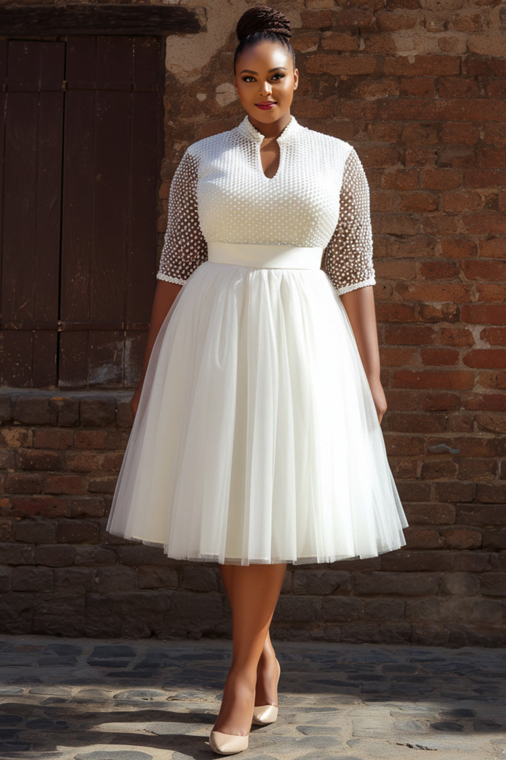 Xpluswear Design Plus Size Wedding White Round Neck Short Sleeve See Through Tulle Midi Dresses