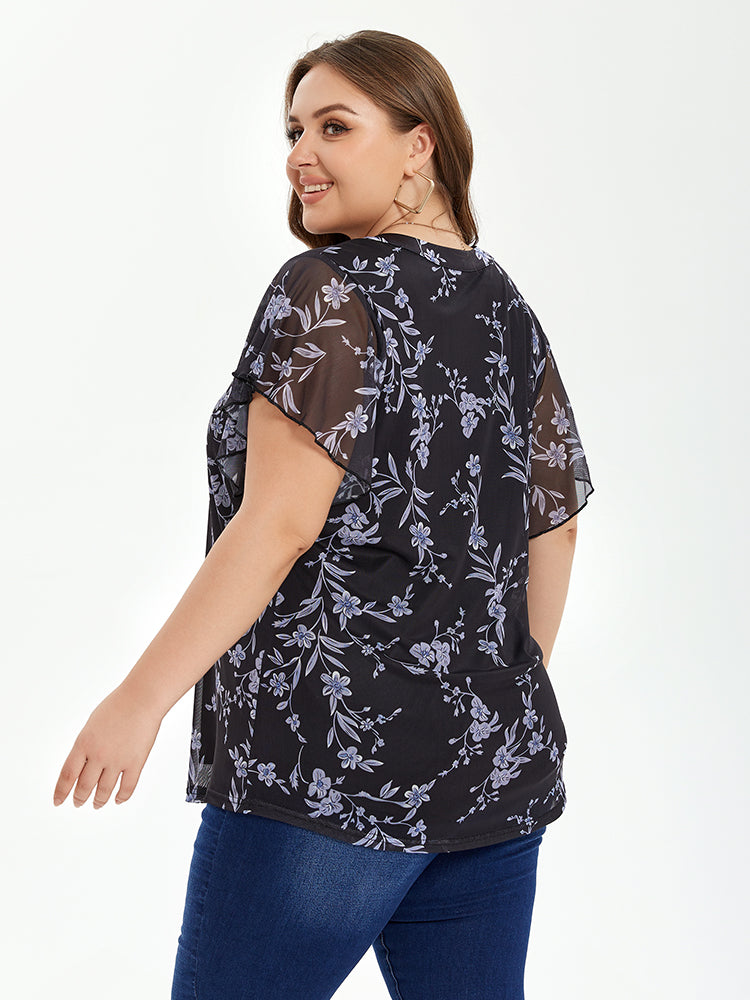 VIP Floral Print Notched Neck Butterfly Sleeve Blouse