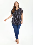 VIP Floral Print Notched Neck Butterfly Sleeve Blouse