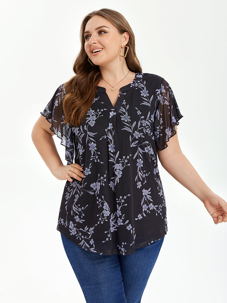 VIP Floral Print Notched Neck Butterfly Sleeve Blouse
