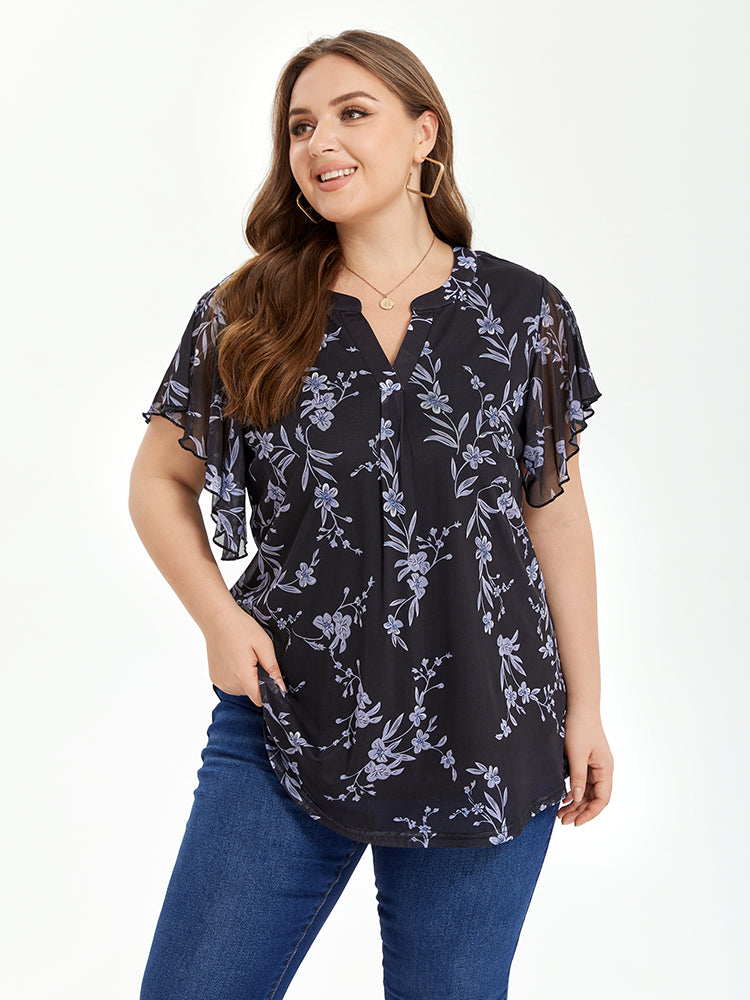 VIP Floral Print Notched Neck Butterfly Sleeve Blouse