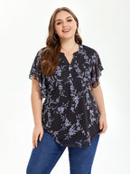 VIP Floral Print Notched Neck Butterfly Sleeve Blouse
