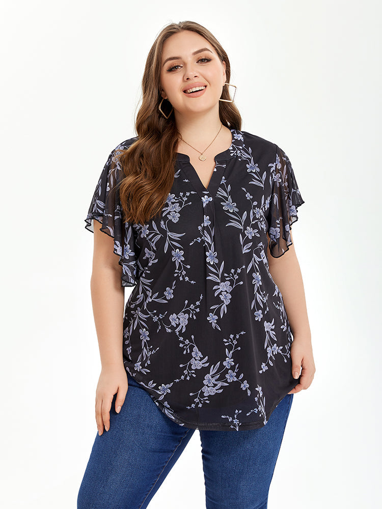 VIP Floral Print Notched Neck Butterfly Sleeve Blouse