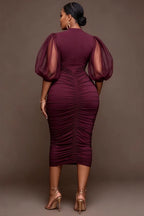Xpluswear Design Plus Size Cocktail Party Burgundy Round Neck Puff Sleeve Short Sleeve Fold Bodycon Tulle Midi Dresses